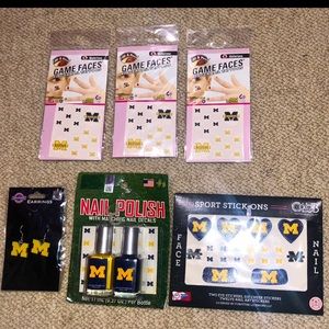 NEW UMICH Wolverine spirit/tailgate fun. UM face decals, nail polish & earrings!